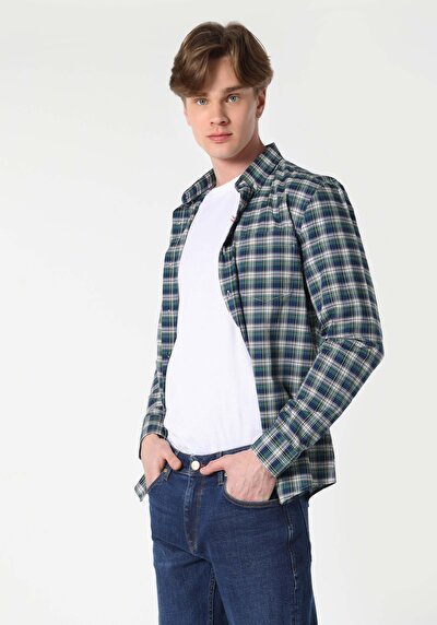 اعرض التفاصيل لـ قميص نحيف رقبة منقوشة رجالي أزرق كحلي كم طويل قميص