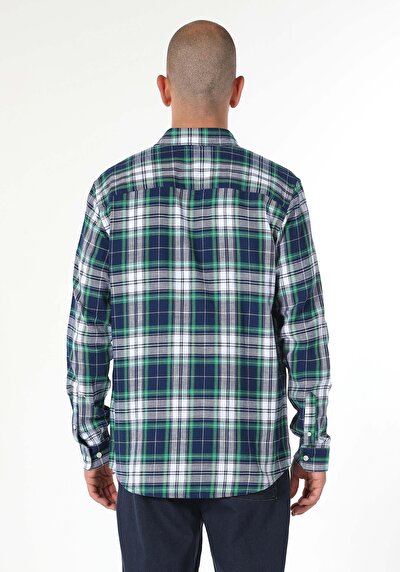 صورة من قميص عادي مقاس رقبة منقوشة رجالي أزرق داكن كم طويل قميص