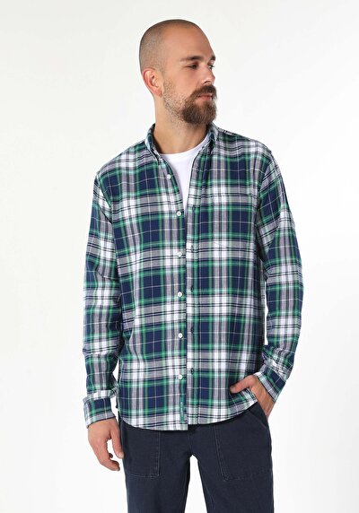 اعرض التفاصيل لـ قميص عادي مقاس رقبة منقوشة رجالي أزرق داكن كم طويل قميص