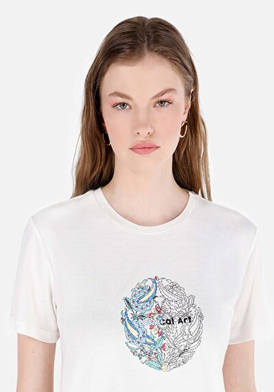 اعرض التفاصيل لـ   رقبة مستديرة مطبوعة نسائية أبيض قصيرة أكمام تي شيرت