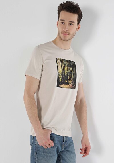 اعرض التفاصيل لـ   رقبة مستديرة مطبوعة رجالي بيج كم قصير تي شيرت