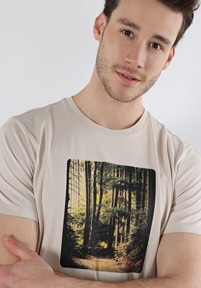 اعرض التفاصيل لـ   رقبة مستديرة مطبوعة رجالي بيج كم قصير تي شيرت