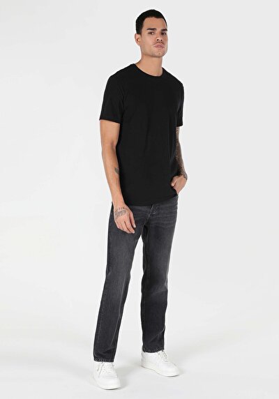 صورة من عادي قصة رقبة مستديرة رجالي أسود كم قصير تي شيرت