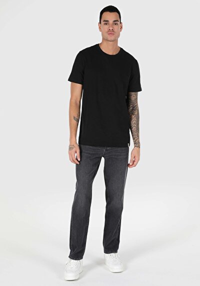 صورة من عادي قصة رقبة مستديرة رجالي أسود كم قصير تي شيرت