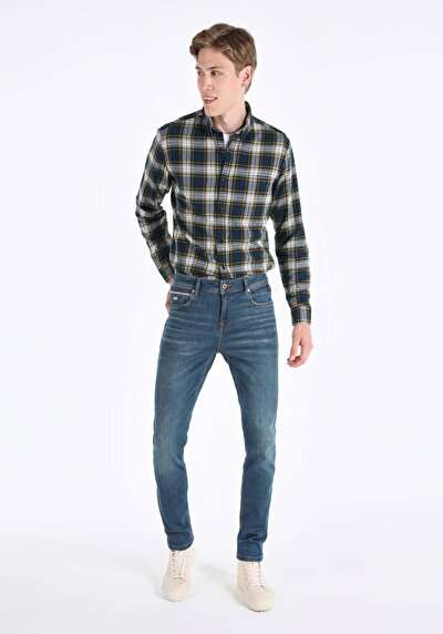 صورة من مستقيم خصر منخفض مستقيم الساق الجينز النيلي للرجال