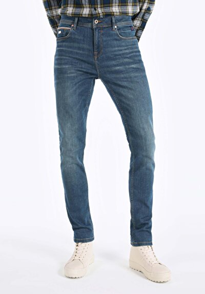 صورة من مستقيم خصر منخفض مستقيم الساق الجينز النيلي للرجال