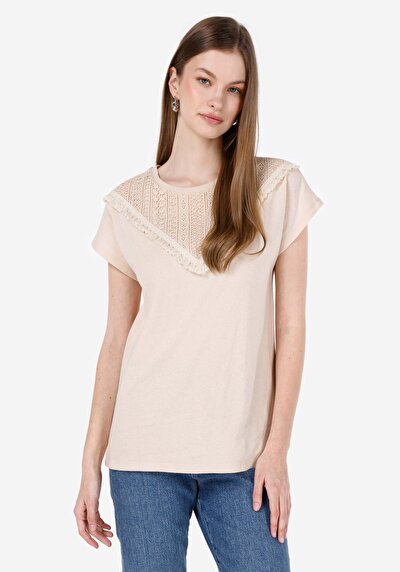 صورة من عادي مقاس رقبة مستديرة مطرزة نسائي بيج كم قصير تي شيرت
