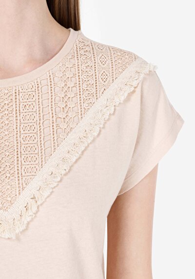 اعرض التفاصيل لـ عادي مقاس رقبة مستديرة مطرزة نسائي بيج كم قصير تي شيرت