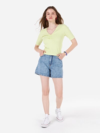 اعرض التفاصيل لـ ضيق قصة V رقبة جاكار نسائي أخضر كم قصير تي شيرت