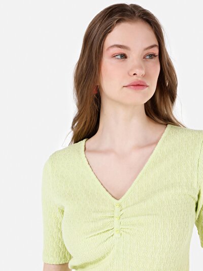 اعرض التفاصيل لـ ضيق قصة V رقبة جاكار نسائي أخضر كم قصير تي شيرت