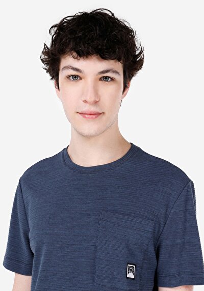 صورة من عادي مقاس رقبة مستديرة جاكار رجالي أزرق كم قصير تي شيرت