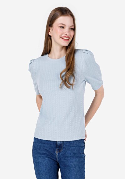 صورة من عادي رقبة مستديرة نسائي أزرق كم قصير تي شيرت