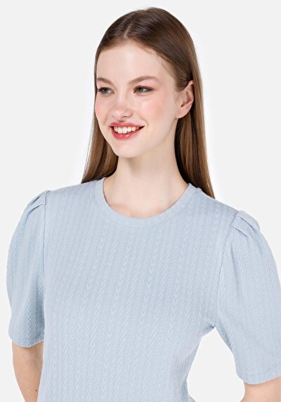 صورة من عادي رقبة مستديرة نسائي أزرق كم قصير تي شيرت