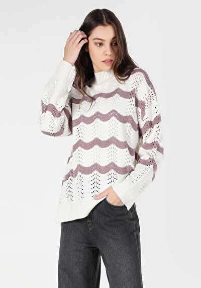 صورة من   نصف الياقة المدورة مخطط كنزة بيضاء نسائية