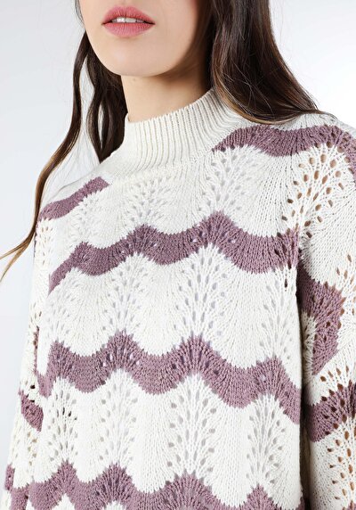 اعرض التفاصيل لـ   نصف الياقة المدورة مخطط كنزة بيضاء نسائية