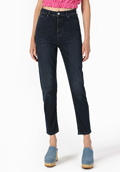 اعرض التفاصيل لـ Mom Fit ارتفاع الخصر تقلص الساق الجينز الداكن النسائي