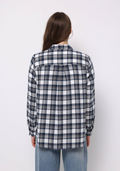 اعرض التفاصيل لـ قميص عادي رقبة منقوشة نسائي أزرق كم طويل قميص