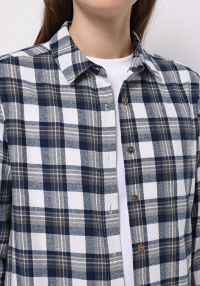 اعرض التفاصيل لـ قميص عادي رقبة منقوشة نسائي أزرق كم طويل قميص