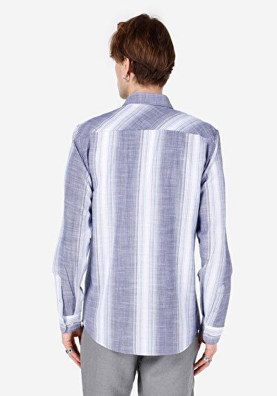 صورة من قميص عادي رقبة مخطط رجالي أزرق كحلي كم طويل قميص