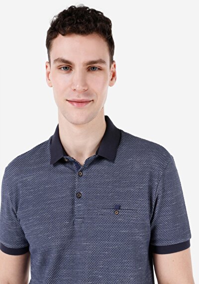 صورة من ياقة بولو عادية مطبوعة رجالي أزرق كحلي كم قصير تي شيرت