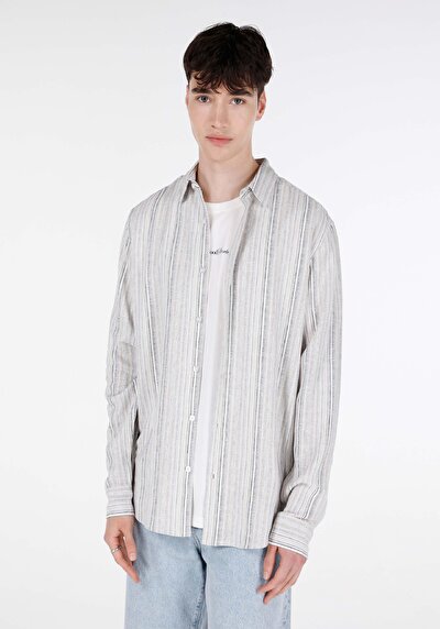 صورة من قميص   رقبة مطبوع قميص رجالي Ecru طويل الأكمام