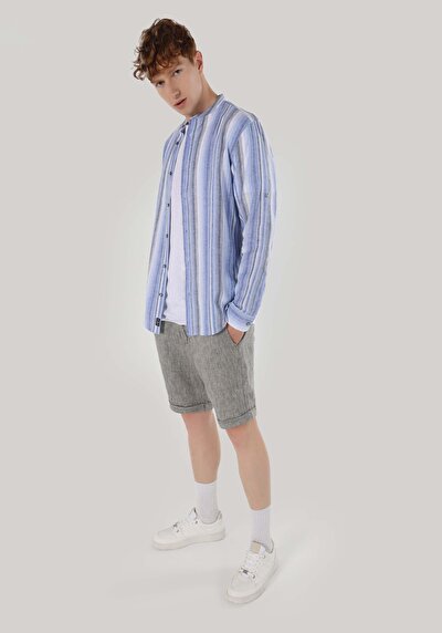 صورة من  عادي طوق مهيمن مخطط رجالي قميص أزرق داكن كم طويل