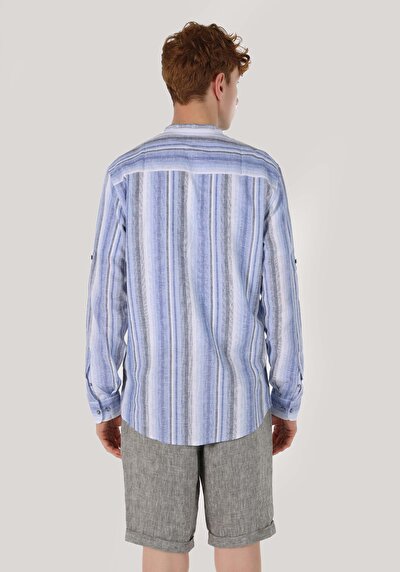 صورة من عادي طوق مهيمن مخطط رجالي قميص أزرق داكن كم طويل