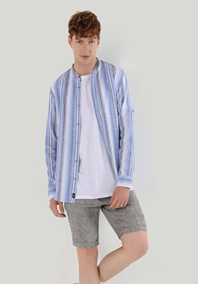 صورة من عادي طوق مهيمن مخطط رجالي قميص أزرق داكن كم طويل