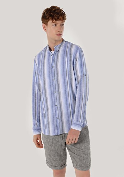 صورة من عادي طوق مهيمن مخطط رجالي قميص أزرق داكن كم طويل