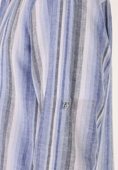 اعرض التفاصيل لـ  عادي طوق مهيمن مخطط رجالي قميص أزرق داكن كم طويل