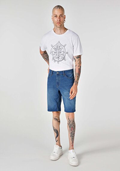 صورة من عادي   الخصر مستقيم رجالي شورت أزرق داكن