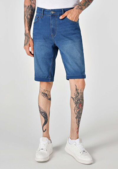 صورة من عادي الخصر مستقيم رجالي شورت أزرق داكن