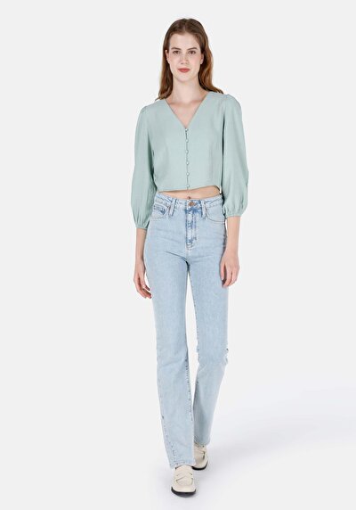 صورة من على شكل V رقبة مستقيم نسائي أخضر كم طويل قميص