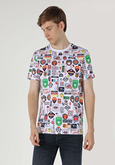 صورة من   رقبة مستديرة مطبوعة للرجال أبيض بأكمام قصيرة تي شيرت