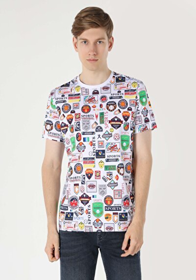 اعرض التفاصيل لـ   رقبة مستديرة مطبوعة للرجال أبيض بأكمام قصيرة تي شيرت