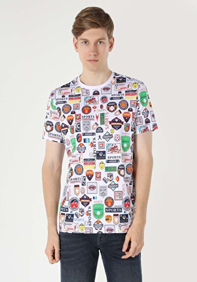 صورة من رقبة مستديرة مطبوعة للرجال أبيض بأكمام قصيرة تي شيرت