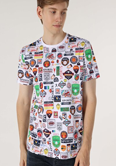 اعرض التفاصيل لـ   رقبة مستديرة مطبوعة للرجال أبيض بأكمام قصيرة تي شيرت