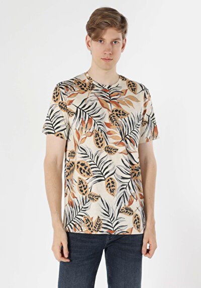 صورة من طوق دائري مطبوع رجالي Ecru قصيرة الأكمام تي شيرت