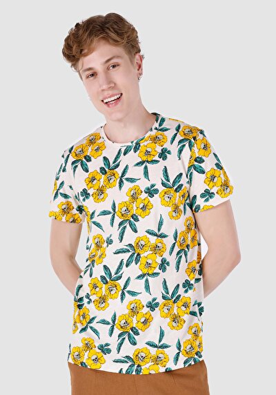 صورة من   رقبة مستديرة مطبوعة للرجال أبيض بأكمام قصيرة تي شيرت