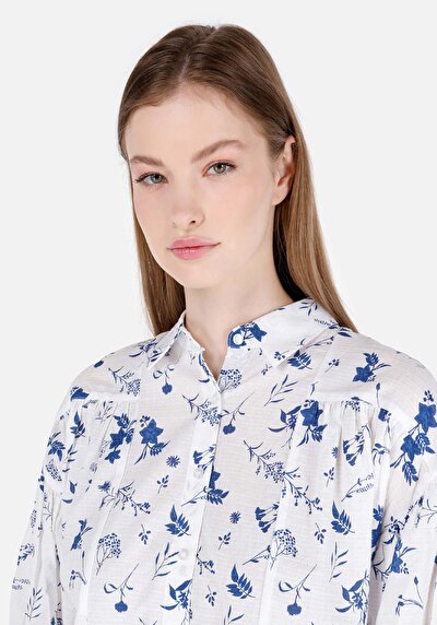 اعرض التفاصيل لـ مقاس عادي قميص رقبة أزهار نسائي أبيض 3/4 كم قميص