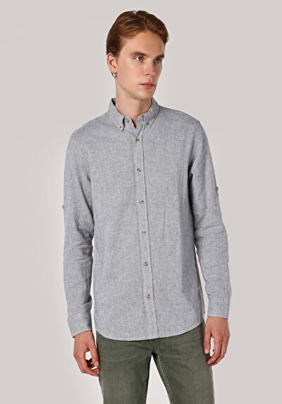 صورة من قميص عادي رقبة مستقيم رجالي أخضر كم طويل قميص