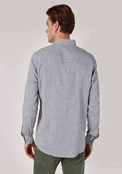 اعرض التفاصيل لـ قميص عادي رقبة مستقيم رجالي أخضر كم طويل قميص