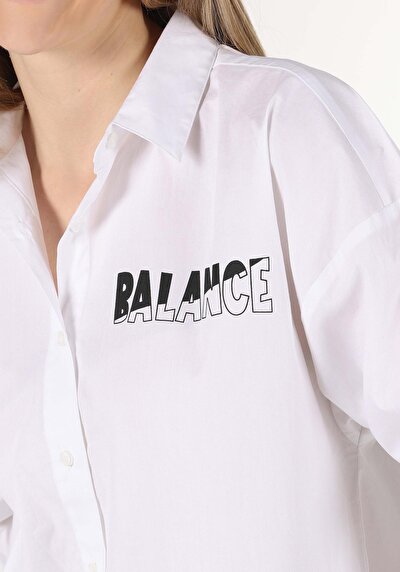 اعرض التفاصيل لـ قميص مريح رقبة مطبوع نسائي أبيض كم طويل قميص