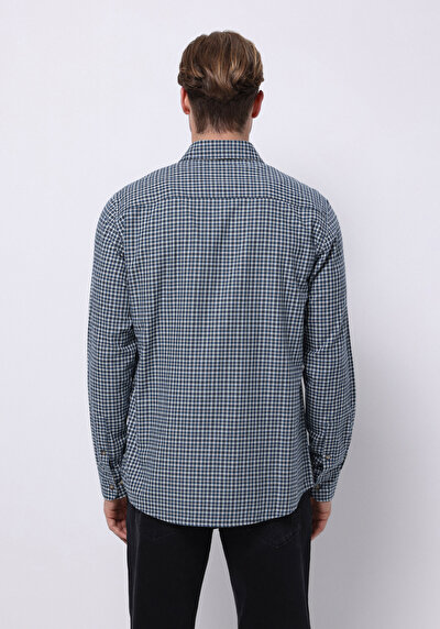 اعرض التفاصيل لـ قميص عادي رقبة متقلب رجالي أزرق كحلي كم طويل قميص