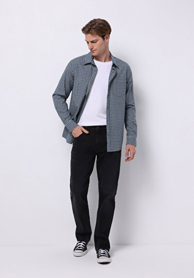 اعرض التفاصيل لـ قميص عادي رقبة متقلب رجالي أزرق كحلي كم طويل قميص