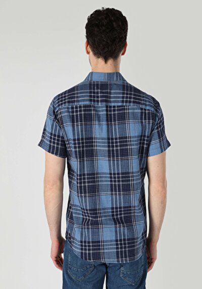 صورة من قميص عادي رقبة منقوشة رجالي أزرق كحلي كم قصير قميص