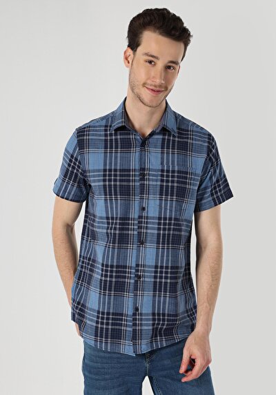 اعرض التفاصيل لـ قميص عادي رقبة منقوشة رجالي أزرق كحلي كم قصير قميص