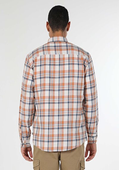 صورة من قميص عادي رقبة منقوشة رجالي برتقالي كم طويل قميص