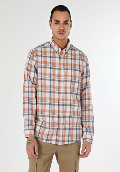 صورة من قميص عادي رقبة منقوشة رجالي برتقالي كم طويل قميص