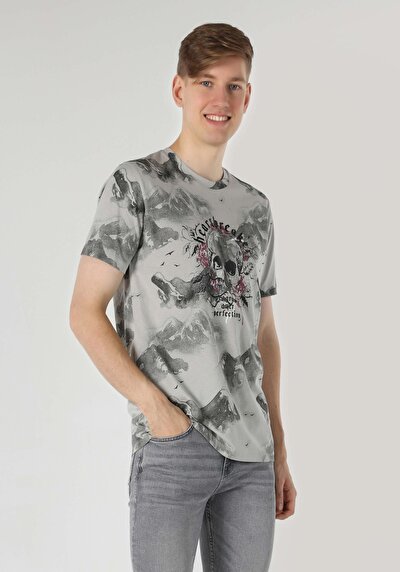 صورة من   رقبة مستديرة مطبوعة رجالي رمادي كم قصير تي شيرت